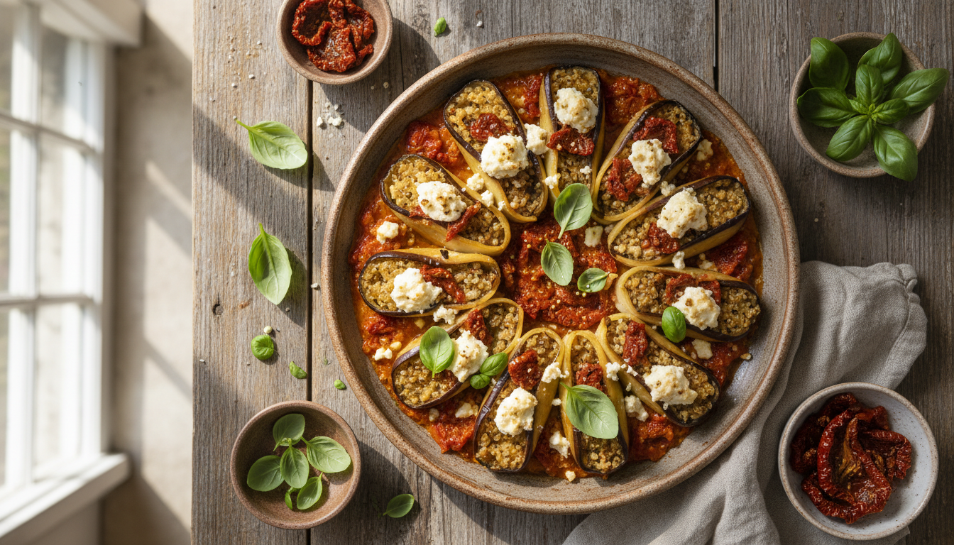 découvrez notre recette savoureuse de cannellonis d’aubergine farcis au quinoa et fromage frais, un plat gourmand et healthy parfait pour vos repas.