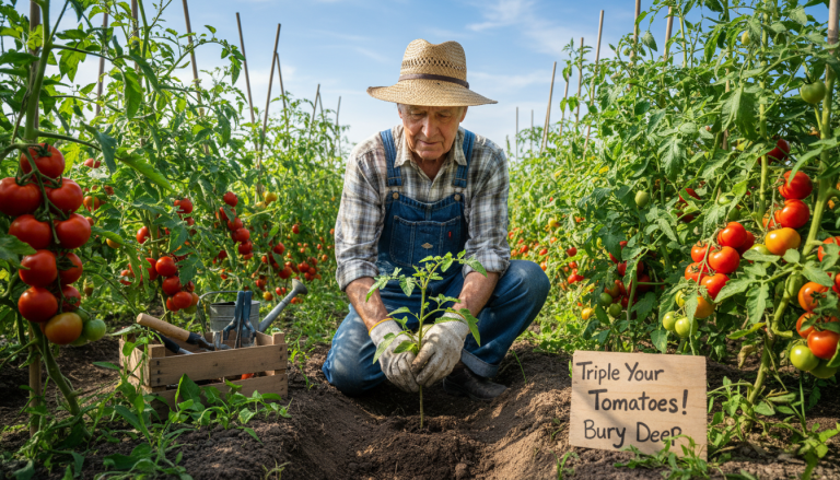 découvrez la méthode ingénieuse d'un retraité pour planter les tomates en les enterrant jusqu'au cou, une technique qui a triplé ses récoltes en une seule saison estivale.