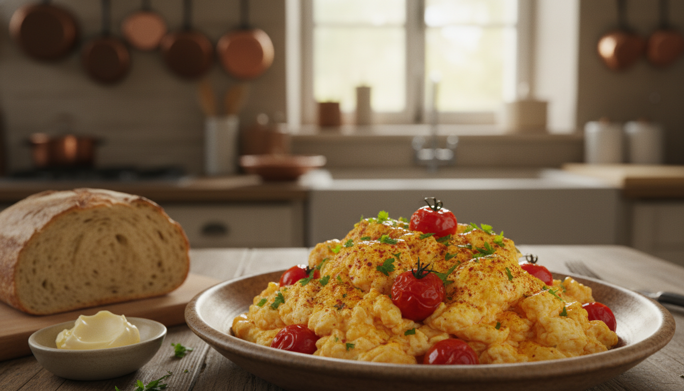 découvrez notre recette d'œufs brouillés légers aux tomates parfumées et épices ensoleillées, pour un petit-déjeuner savoureux et vitaminé qui éveille les papilles.