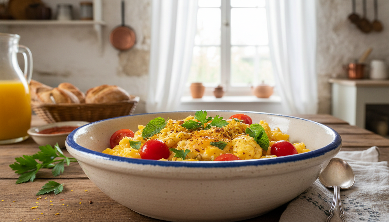 découvrez une recette simple et savoureuse d'œufs brouillés légers aux tomates parfumées et épices ensoleillées, parfaite pour un petit-déjeuner gourmand et équilibré.