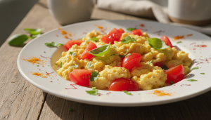 découvrez une recette savoureuse d'œufs brouillés légers aux tomates parfumées et aux épices ensoleillées, idéale pour un petit-déjeuner sain et gourmand.