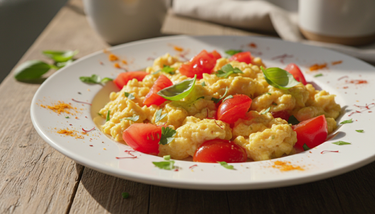 découvrez une recette savoureuse d'œufs brouillés légers aux tomates parfumées et aux épices ensoleillées, idéale pour un petit-déjeuner sain et gourmand.