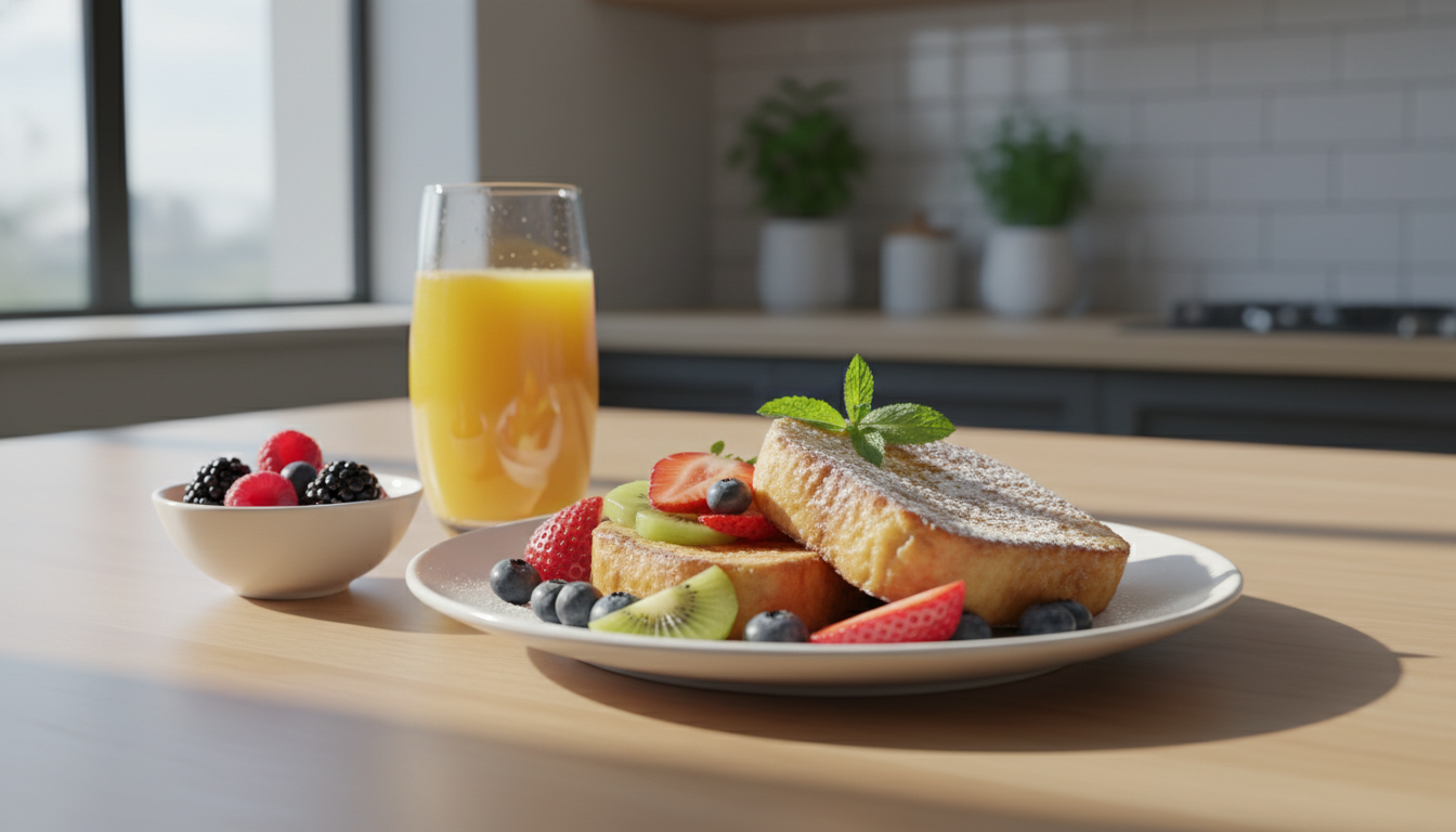 savourez un pain perdu léger aux fruits frais, parfait pour un petit déjeuner detox et gourmand alliant santé et plaisir.
