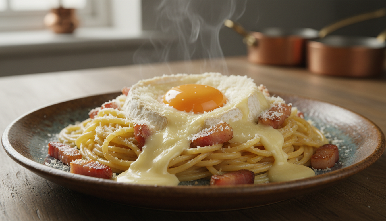 découvrez une recette originale de pâtes à la carbonara avec une touche fondante de camembert pour un plat savoureux et surprenant.