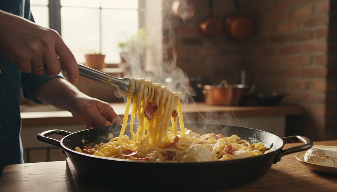 découvrez une recette innovante de pâtes à la carbonara où le traditionnel fromage est remplacé par le camembert fondant, pour une saveur originale et gourmande.