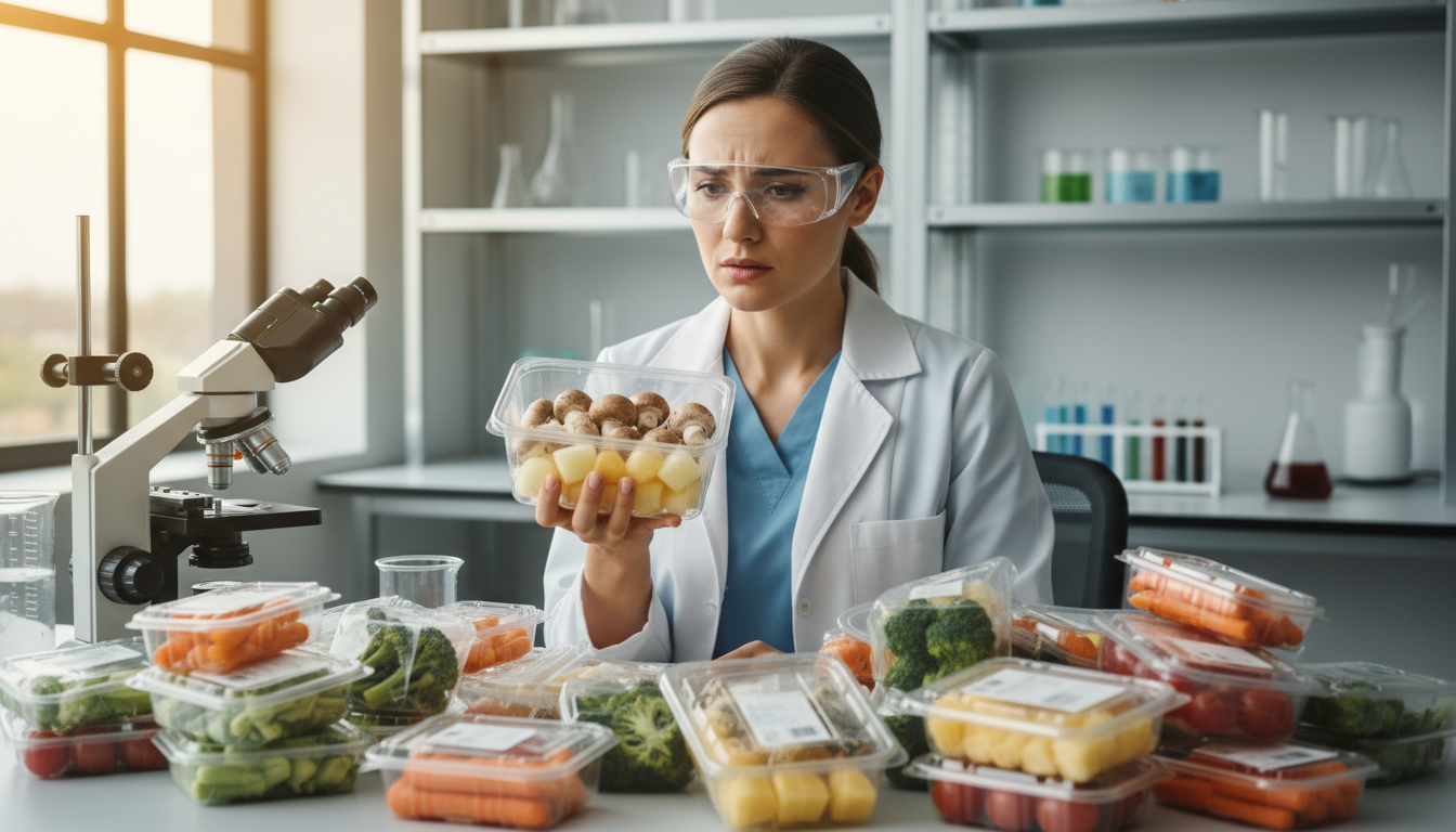 une chercheuse s'interroge sur l'impact du plastique envahissant dans l'alimentation, en analysant l'utilité des emballages pour les champignons et melons déjà découpés.