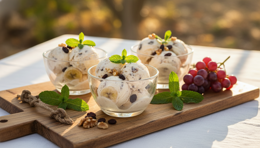 découvrez une recette express de glace légère à la banane, aux raisins et aux noix, parfaite pour un dessert sain et gourmand en un rien de temps.