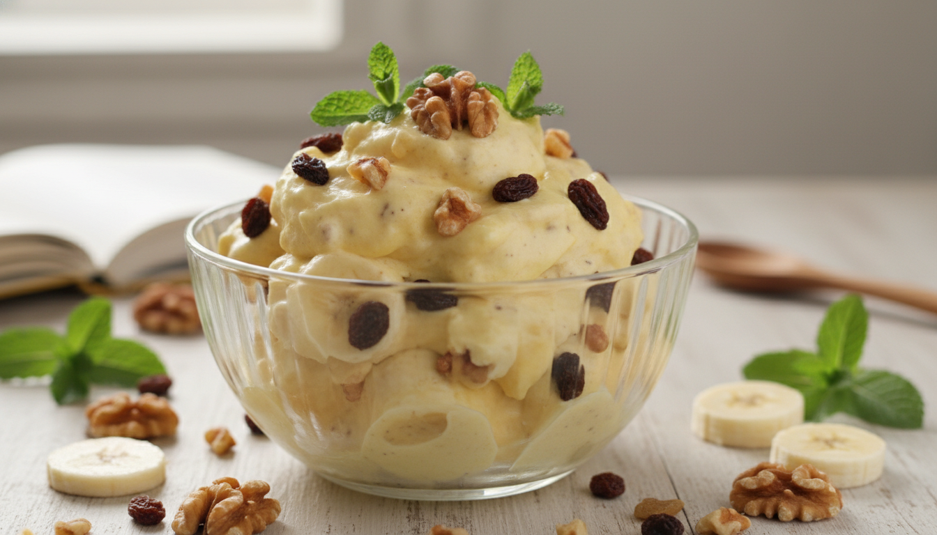 découvrez une recette express pour une glace légère et savoureuse à la banane, aux raisins et aux noix, parfaite pour un dessert rapide et sain.