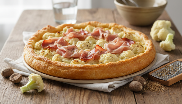 découvrez une recette gourmande et légère de tarte au chou-fleur et jambon, rehaussée d'une délicate touche de muscade. parfaite pour un repas savoureux et équilibré.