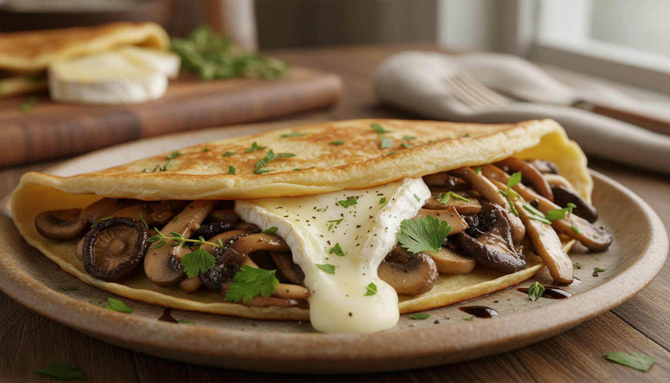 découvrez une délicieuse crêpe fondante garnie de chèvre crémeux et de champignons parfumés, une gourmandise savoureuse à déguster sans modération.