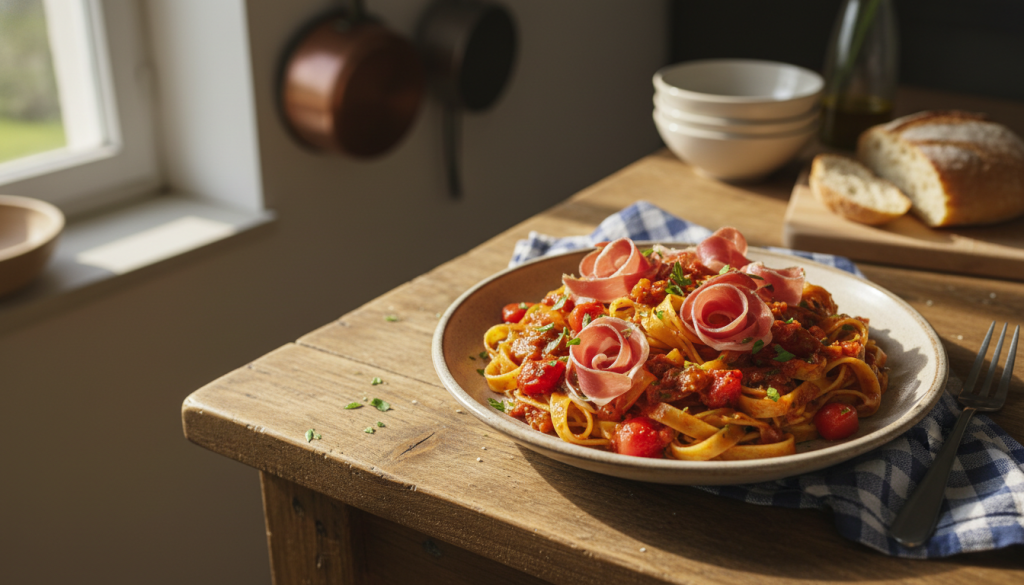 découvrez notre recette de tagliatelles légères à la basquaise, alliant saveurs gourmandes et ingrédients sains pour un repas équilibré et délicieux.