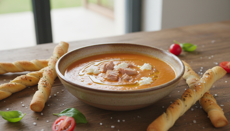 découvrez notre velouté de poivrons et thon, délicatement lié au fromage frais, pour une recette onctueuse et pleine de saveurs, idéale en entrée ou repas léger.