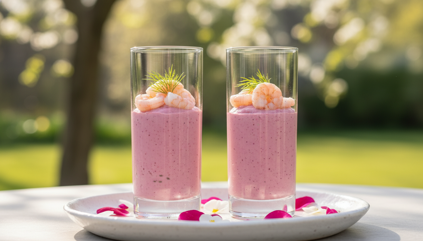 découvrez notre recette de verrines légères aux crevettes et mousse de betterave, alliant fraîcheur et saveurs délicates pour un apéritif gourmand et élégant.