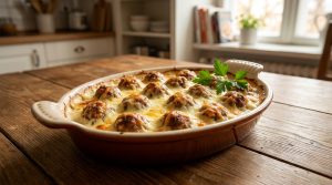 Plat en céramique ovale contenant des boulettes de viande nappées de béchamel dorée, posé sur une table en bois.