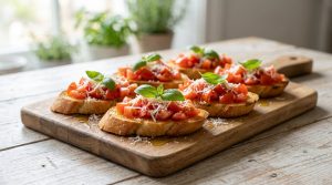 Planche en bois garnie de bruschettas au pain grillé, tomates fraîches, copeaux de parmesan et feuilles de basilic.