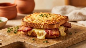 Un croque-monsieur gourmand au Maroilles fondu et tranches de lard croustillant sur une planche en bois.