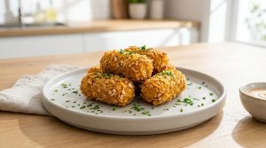 Croquettes de poulet dorées et croustillantes servies sur une assiette blanche avec une sauce, dans une cuisine moderne.