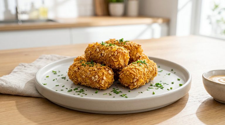 Croquettes de poulet dorées et croustillantes servies sur une assiette blanche avec une sauce, dans une cuisine moderne.