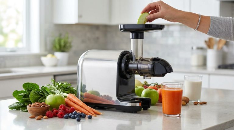Main insérant une tranche de pomme dans un extracteur de jus Fridja F2500 entouré de fruits et légumes frais.