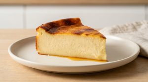 Une part de flan parisien à la vanille posée sur une assiette claire sur une table en bois.