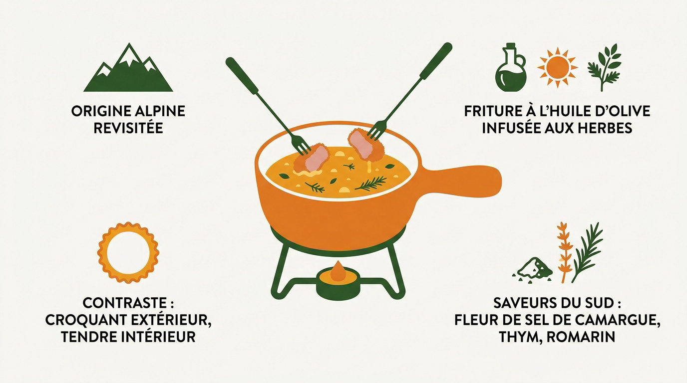 Caquelon de fondue provençale entouré de légumes frais et de sauces méditerranéennes