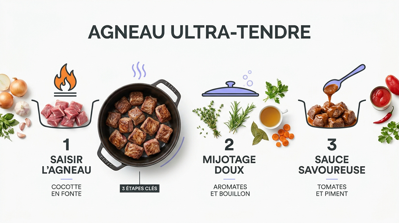 Infographie montrant les étapes pour obtenir un agneau tendre en cocotte