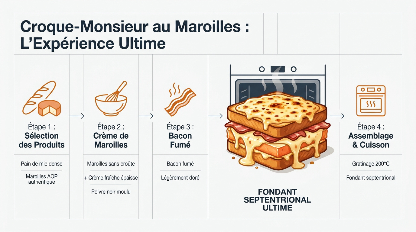 Infographie de la recette du croque-monsieur au Maroilles et bacon fumé