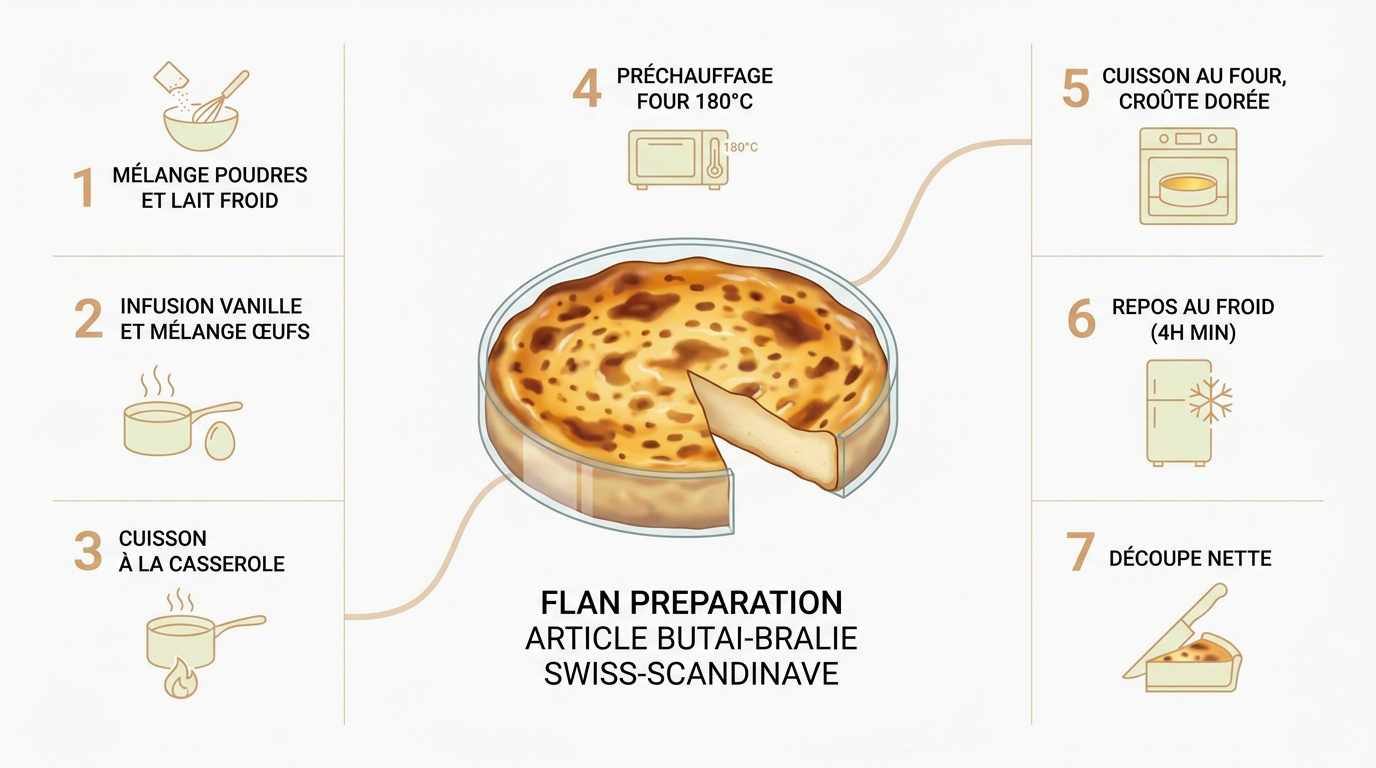 Infographie détaillant les étapes de préparation du flan pâtissier léger