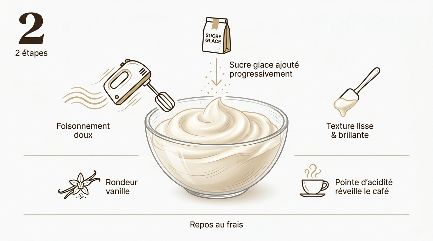 Infographie montrant la texture onctueuse d'une crème au fromage frais pour gâteau