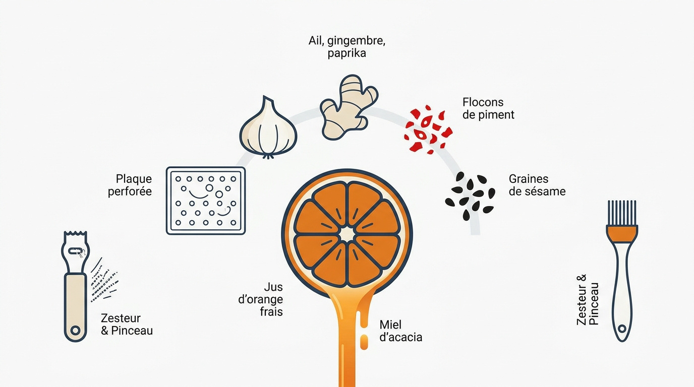 Ingrédients frais pour marinade asiatique à l'orange et au gingembre