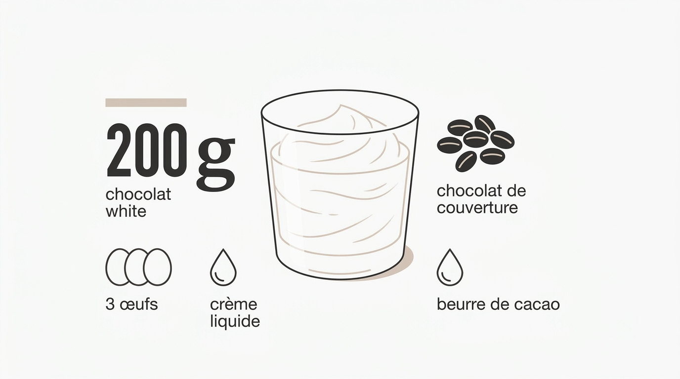 Ingrédients pour mousse au chocolat blanc protéinée avec chocolat et œufs