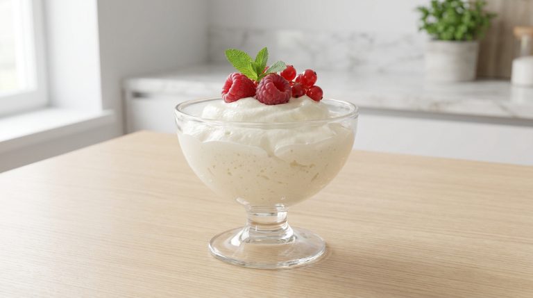 Coupe de mousse au chocolat blanc légère et protéinée, garnie de framboises, groseilles rouges et menthe fraîche.