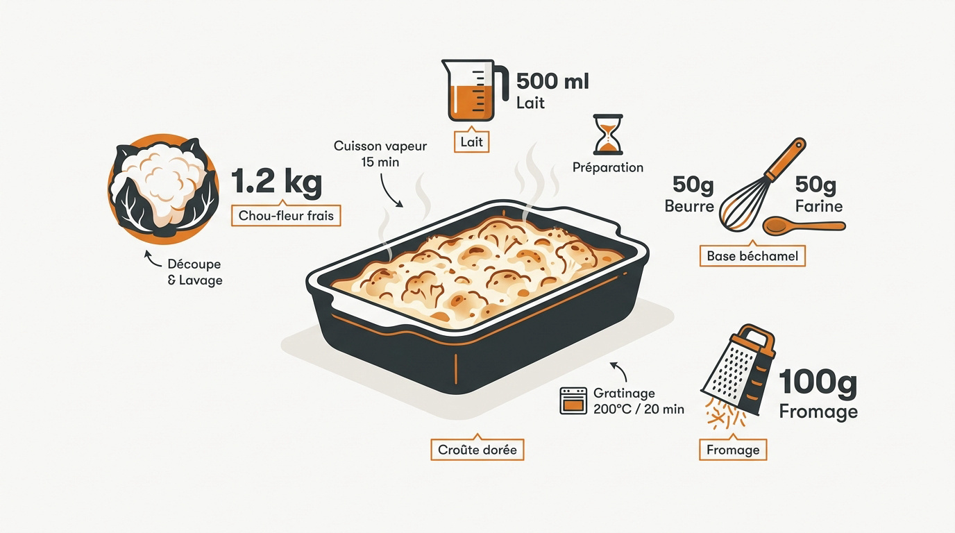 Gratin de chou-fleur doré à la béchamel dans un plat en céramique