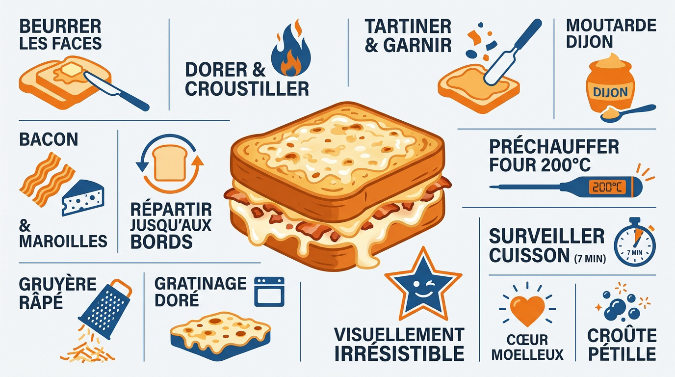 Préparation visuelle d'un croque-monsieur au Maroilles et bacon fumé