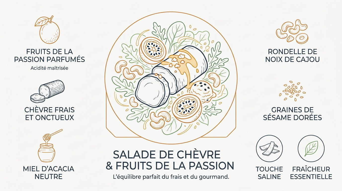 Salade gourmande au fromage de chèvre et pulpe de fruit de la passion
