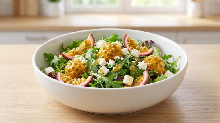 Un bol de salade fraîche composée de roquette, dés de fromage blanc et morceaux de fruit de la passion frais.