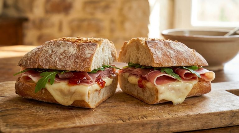 Sandwich au pain rustique garni de fromage de brebis fondu, de jambon cru, de confiture de cerise noire et de roquette.