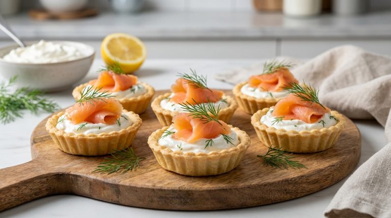 Cinq petites tartelettes garnies de fromage frais, saumon fumé et aneth sur une planche en bois ronde.