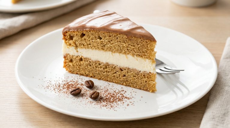 Part de gâteau café chocolat sur assiette blanche, avec glaçage marron et crème blanche. Grains de café et cacao en poudre. Fourchette.