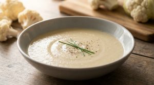 Bol de velouté de chou-fleur crémeux garni de ciboulette, sur une table en bois avec des morceaux de chou-fleur.
