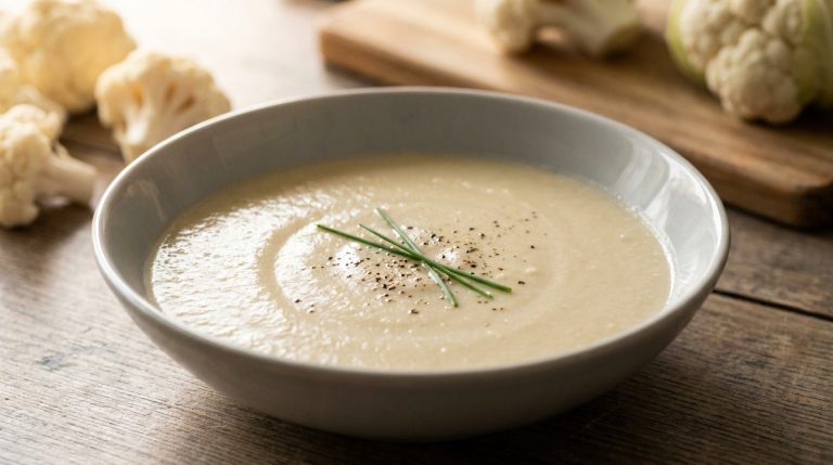 Bol de velouté de chou-fleur crémeux garni de ciboulette, sur une table en bois avec des morceaux de chou-fleur.