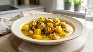 Assiette de poulet au curry onctueux avec morceaux d'ananas, piments rouges et coriandre fraîche sur une table de cuisine.