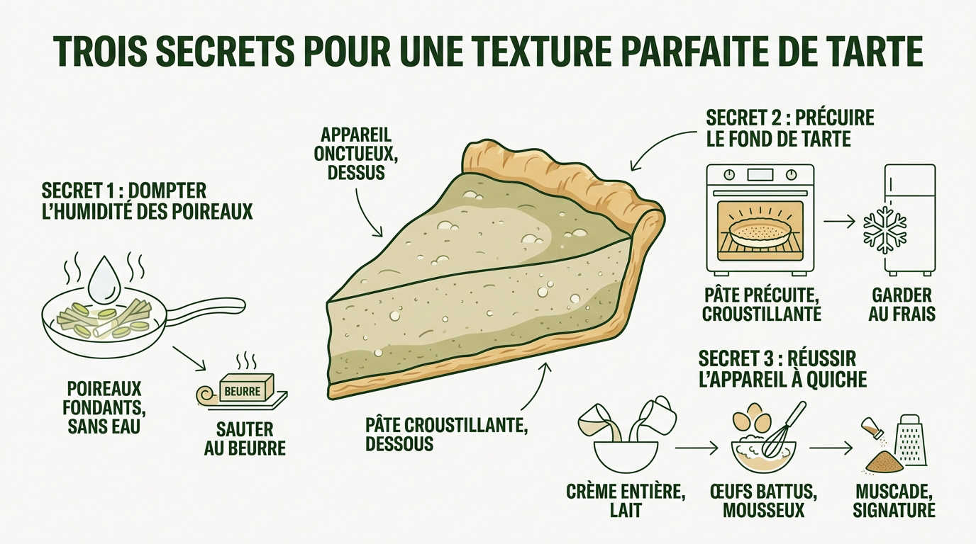 Quiche aux poireaux et camembert dorée sortant du four