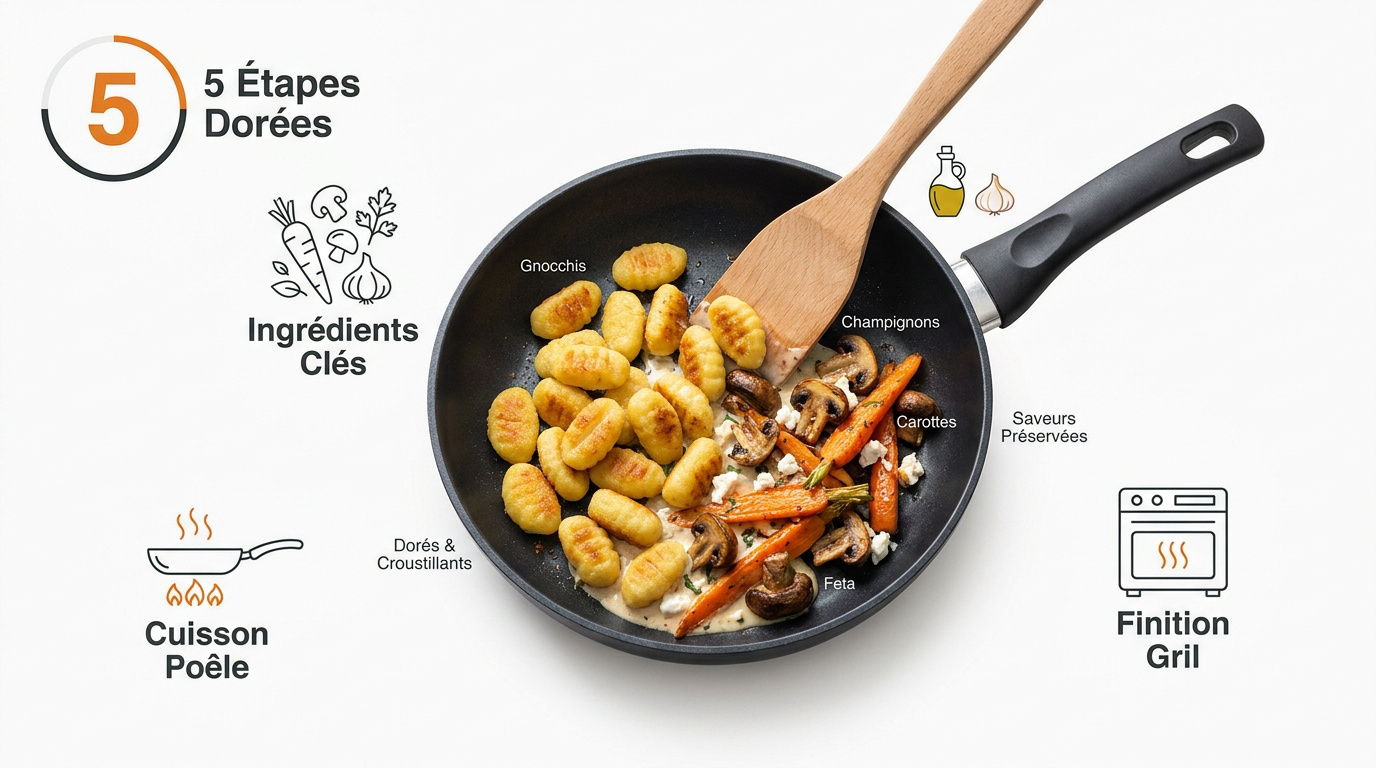 Poêlée de gnocchis dorés aux champignons, carottes et feta avec herbes fraîches
