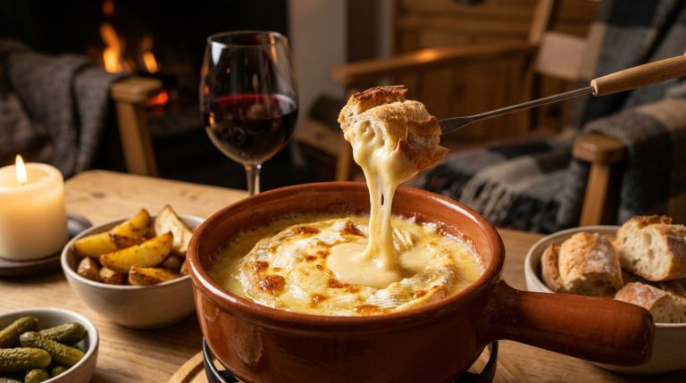 Fondue de camembert chaud dans un poêlon en terre cuite avec une fourchette trempant un morceau de pain grillé.