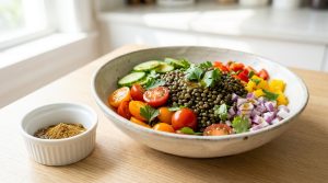 Bol de salade de lentilles avec tomates, concombres, poivrons, oignon rouge et herbes, accompagné d'épices.