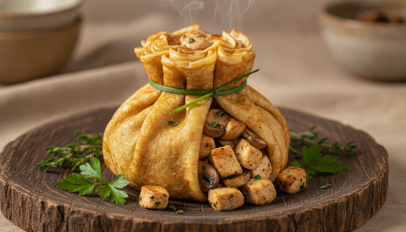 découvrez notre recette savoureuse d'aumônière de crêpe garnie, idéale pour sublimer vos restes de poulet et champignons avec élégance et gourmandise.