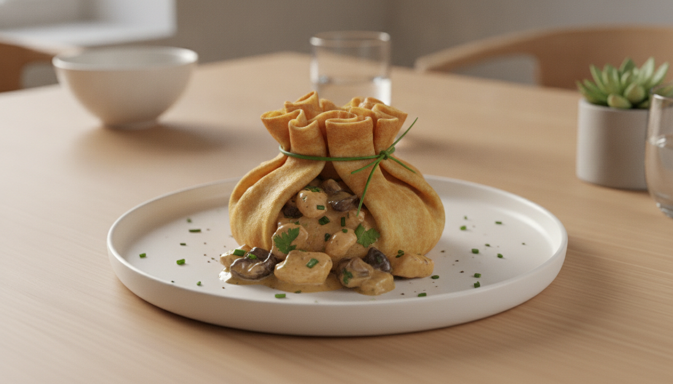 découvrez une recette savoureuse d’aumônière de crêpe garnie, idéale pour sublimer vos restes de poulet et champignons avec élégance et goût.