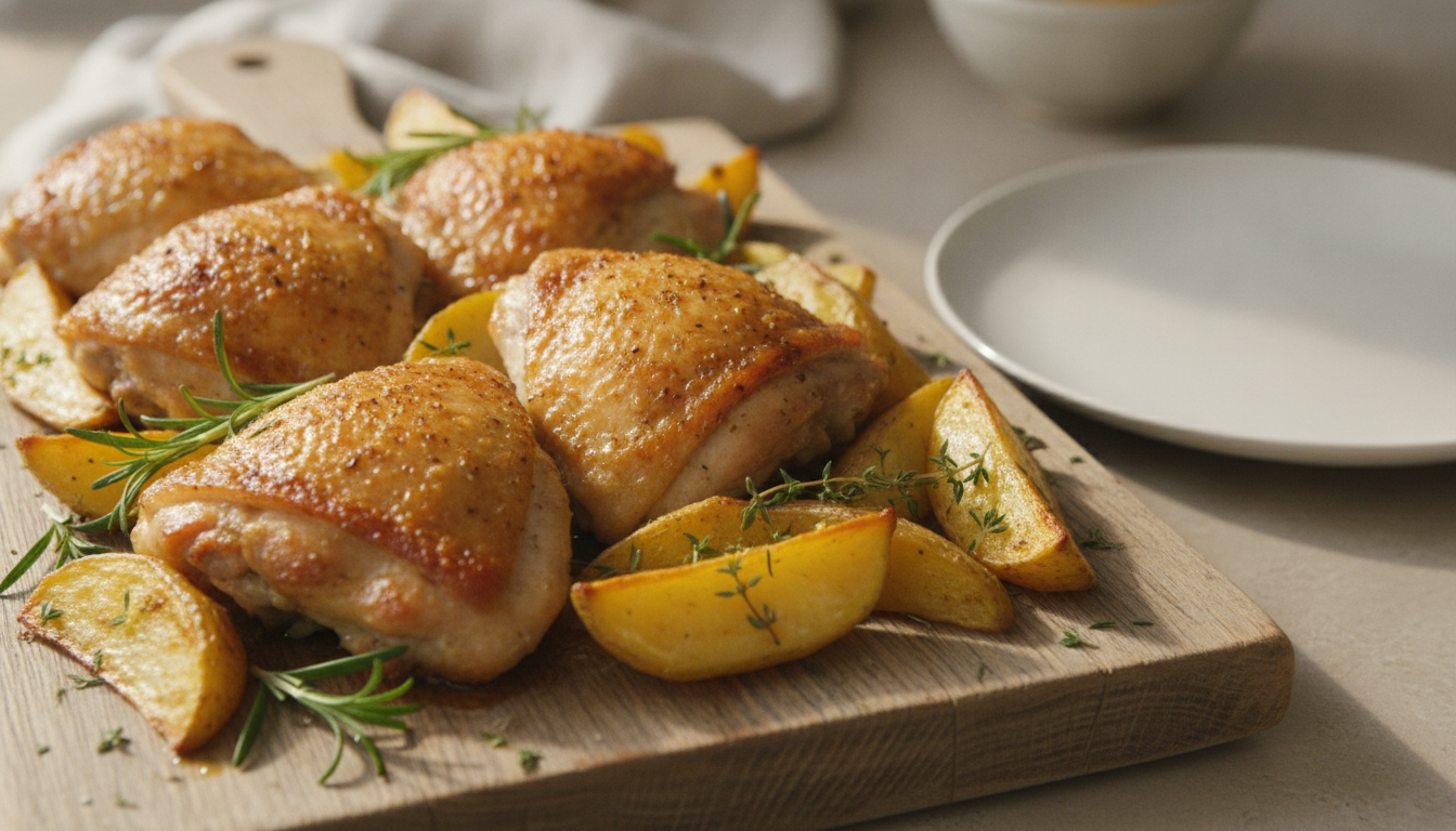 découvrez une recette simple et savoureuse de cuisses de poulet dorées au four accompagnées de pommes de terre rôties pour un déjeuner léger et gourmand.