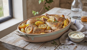 découvrez une recette simple et savoureuse de cuisses de poulet dorées accompagnées de pommes de terre rôties, idéale pour un déjeuner léger et gourmand au four.